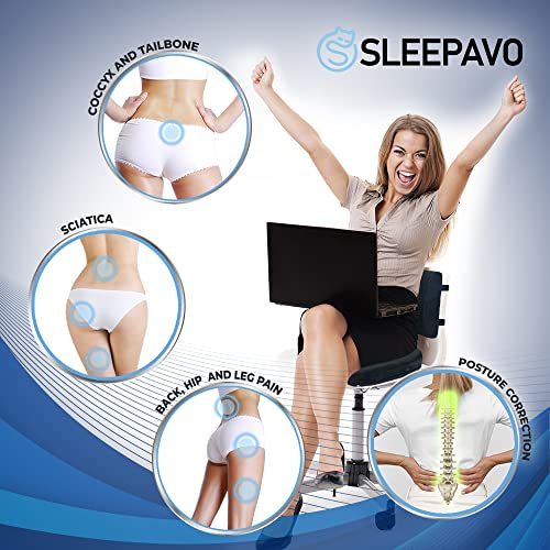 Sleepavo Memory Foam Cooling Gel Seat Cushion for Office Chair - Back & Butt Pillow for Sciatica Tailbone Coccyx Hip Pain Relief for Gaming, Car & Airplane - Padded Lumbar Support Pillow for Coxyx