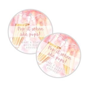 crafters cup pop it when she pops champagne tag | 30 pack | 2.5” inch circle tag with pre-cut hole | baby shower party favor tag | pink champagne design for baby girl (pop it tag pink), pop-ch-p-18