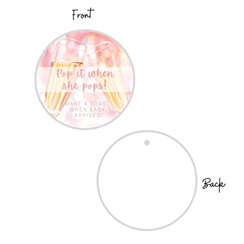 Crafters Cup Pop It When She Pops Champagne Tag | 30 Pack | 2.5'' inch Circle Tag with Pre-Cut Hole | Baby Shower Party Favor Tag | Pink Champagne Design for Baby Girl (Pop It Tag Pink), POP-CH-P-18