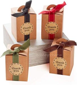 hayley cherie – gift rustic treat boxes with ribbons and thank you stickers (20 pack) – 4.7 x 3.5 x 3.5 inches – thick 350gsm card (small kraft)