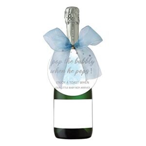 miatoi blue pop it when he pops baby shower bottle tags, pop the bubbly when he pops tags, boys’ champagne baby shower favor label with bows, blue set, 60 count (pack of 1) (m-10)