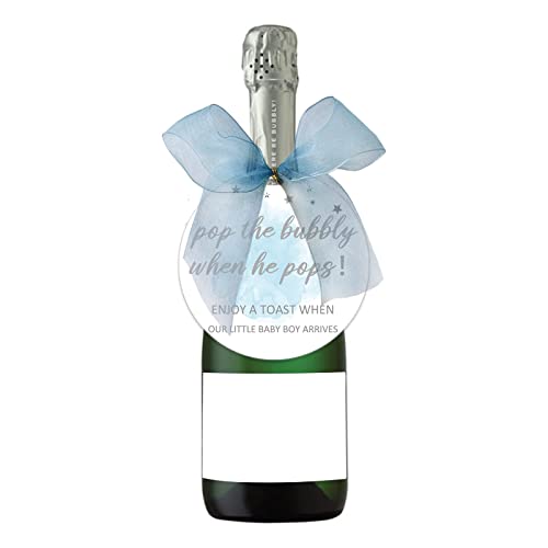 Miatoi Blue Pop It When He Pops Baby Shower Bottle Tags, Pop The Bubbly When He Pops Tags, Boys’ Champagne Baby Shower Favor Label with Bows, Blue Set, 60 Count (Pack of 1) (M-10)