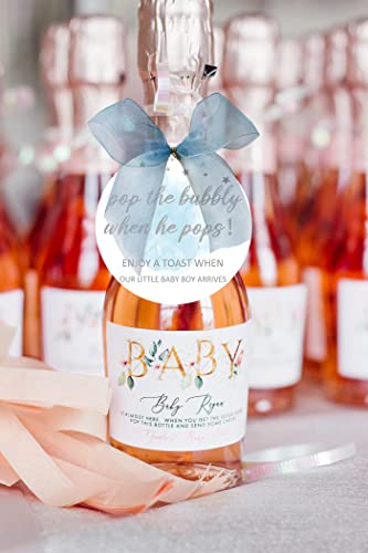 Miatoi Blue Pop It When He Pops Baby Shower Bottle Tags, Pop The Bubbly When He Pops Tags, Boys’ Champagne Baby Shower Favor Label with Bows, Blue Set, 60 Count (Pack of 1) (M-10)