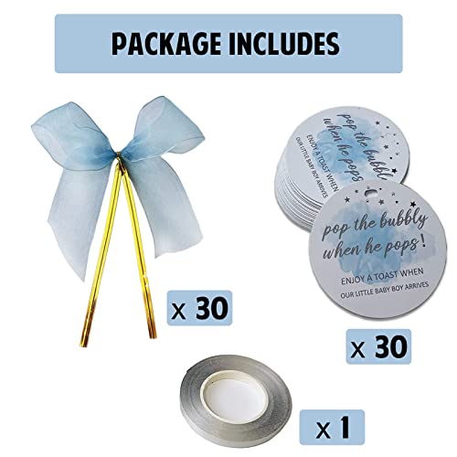 Miatoi Blue Pop It When He Pops Baby Shower Bottle Tags, Pop The Bubbly When He Pops Tags, Boys’ Champagne Baby Shower Favor Label with Bows, Blue Set, 60 Count (Pack of 1) (M-10)