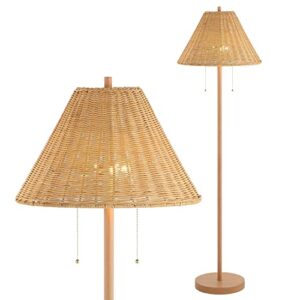 jonathan y jyl3092a nando 61″ 2-light coastal bohemian iron/rattan led floor lamp with pull-chain mid-century, modern standing reading lamp led bulb included, brown wood finish