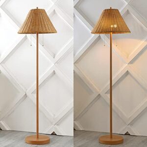 JONATHAN Y JYL3092A Nando 61" 2-Light Coastal Bohemian Iron/Rattan LED Floor Lamp with Pull-Chain Mid-Century, Modern Standing Reading Lamp LED Bulb Included, Brown Wood Finish