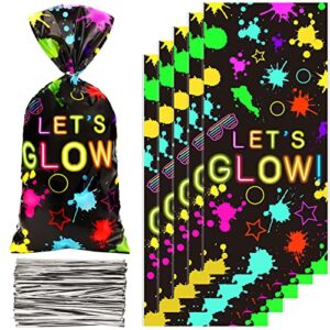 100 Pcs Let's Glow Party Favor Bag Neon Themed Goodie Bag Neon Glow Party Gift Treat Bag Glow in the Dark Birthday Party Cellophane Bags with 150 Pieces Twist Ties for Glow Theme Party Birthday Decor