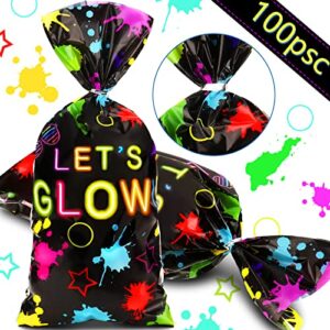 100 Pcs Let's Glow Party Favor Bag Neon Themed Goodie Bag Neon Glow Party Gift Treat Bag Glow in the Dark Birthday Party Cellophane Bags with 150 Pieces Twist Ties for Glow Theme Party Birthday Decor