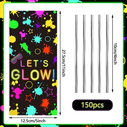 100 Pcs Let's Glow Party Favor Bag Neon Themed Goodie Bag Neon Glow Party Gift Treat Bag Glow in the Dark Birthday Party Cellophane Bags with 150 Pieces Twist Ties for Glow Theme Party Birthday Decor