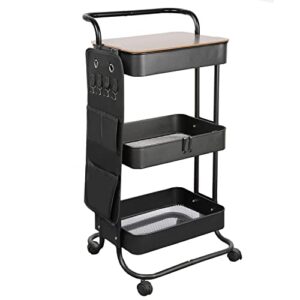 dtk 3 tier metal utility rolling cart with table top and side bags, metal tray storage organizer cart with wheels, art craft cart with 4 hooks for kitchen bathroom office living room (black)
