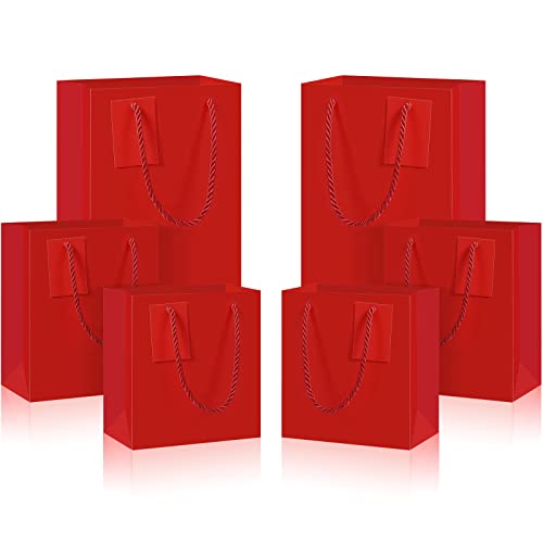 12 Pieces Valentine Red Gift Bags with Handles, Mini Medium Large Paper Euro Totes Gift Bags, Red Paper Gift Wrap Bags with Cards for Xmas Holidays Birthdays Baby Shower Party