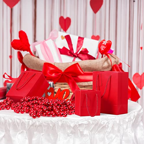 12 Pieces Valentine Red Gift Bags with Handles, Mini Medium Large Paper Euro Totes Gift Bags, Red Paper Gift Wrap Bags with Cards for Xmas Holidays Birthdays Baby Shower Party
