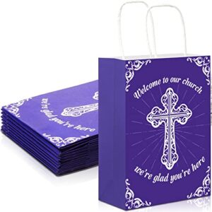 15 pieces welcome gift bags with handles purple welcome to our church gift bags religious church bag baptism gift bag bulk for birthday church theme party supplies, 5.9 x 3.1 x 8.3 inch