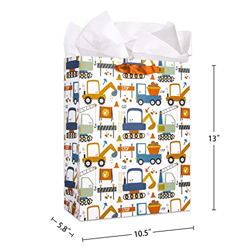 XJF Large Gift Bag with Tissue Paper and Card for Boys,13inch Vehicle Party Gift Bag for Kids,Adults,Birthdays,Kids Parties, Christmas, Holidays, 13inch x 10.5inch x 5.8inch