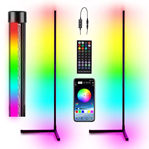 Hitish Corner Floor Lamp 2 Pack, 62.2” RGB Color Changing Mood Lighting Corner LED with Bluetooth & Remote Control, Dimmable Modern RGB Floor Lamp with Music Sync & Timing for Living Room, Gaming Room