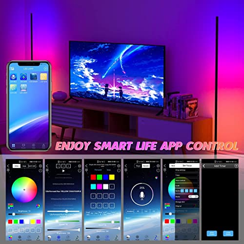 Hitish Corner Floor Lamp 2 Pack, 62.2” RGB Color Changing Mood Lighting Corner LED with Bluetooth & Remote Control, Dimmable Modern RGB Floor Lamp with Music Sync & Timing for Living Room, Gaming Room