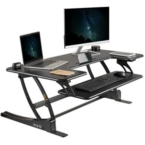 vivo black electric motor height adjustable 42 inch stand up desk converter, sit to stand tabletop dual monitor riser with usb port, desk-v000vle