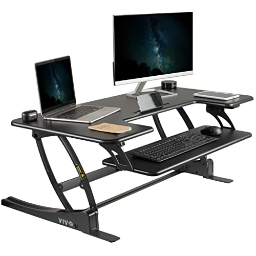 VIVO Black Electric Motor Height Adjustable 42 inch Stand up Desk Converter, Sit to Stand Tabletop Dual Monitor Riser with USB Port, DESK-V000VLE