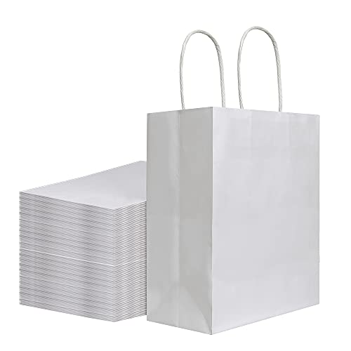 bagmad 100Pcs Pack 8x4.75x10 inch Medium White Kraft Paper Bags with Handles Bulk, Gift Bags, Craft Grocery Shopping Retail Birthday Party Favors Wedding Sacks Restaurant Takeout, Business (100)