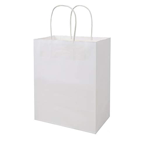 bagmad 100Pcs Pack 8x4.75x10 inch Medium White Kraft Paper Bags with Handles Bulk, Gift Bags, Craft Grocery Shopping Retail Birthday Party Favors Wedding Sacks Restaurant Takeout, Business (100)