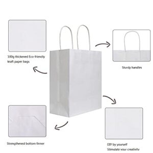 bagmad 100Pcs Pack 8x4.75x10 inch Medium White Kraft Paper Bags with Handles Bulk, Gift Bags, Craft Grocery Shopping Retail Birthday Party Favors Wedding Sacks Restaurant Takeout, Business (100)
