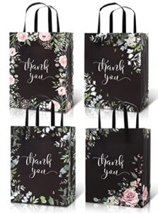 anydesign floral thank you gift bags with handles black thank you goody bags flower kraft paper treat bags party favor bags for wedding birthday baby shower party favors, 4 designs, 20pack
