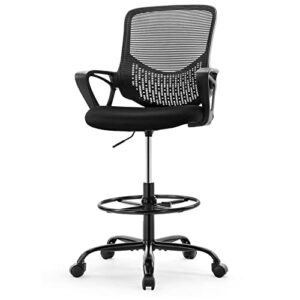 jhk drafting home office tall computer standing desk task chair with adjustable foot ring and armrest, breathable mesh, ergonomic lumbar support, 360° swivel rolling for adult, black