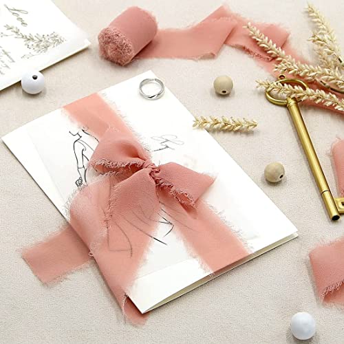 Chiffon Silk Ribbon for Gift Wrapping, Frayed Boho Ribbon for Wedding Invitation Bridal Bouquet, Pink White Cream Ribbon 3 Rolls 1.5 Inch 7 Yards, 10Pcs Wax Seal Stickers Included