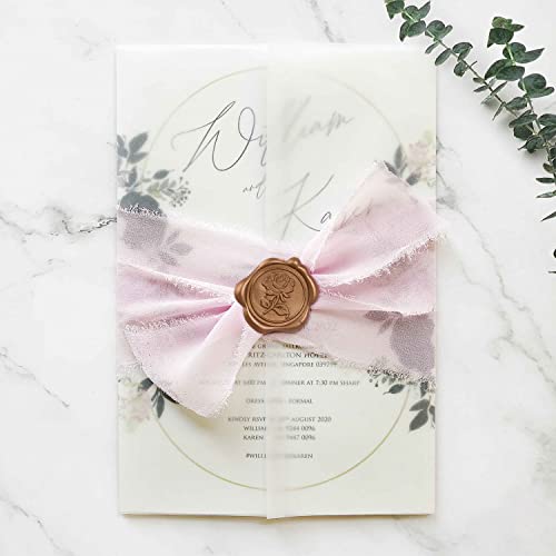 Chiffon Silk Ribbon for Gift Wrapping, Frayed Boho Ribbon for Wedding Invitation Bridal Bouquet, Pink White Cream Ribbon 3 Rolls 1.5 Inch 7 Yards, 10Pcs Wax Seal Stickers Included