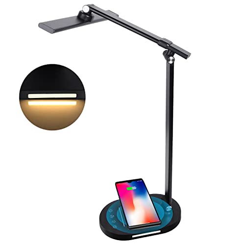 hukunos LED Desk Lamp with Wireless Charger & USB Charging Port, Architect Desk Lamps for Home Office, Bedside Table Lamp with Night Light for Work Study Reading Adjustable