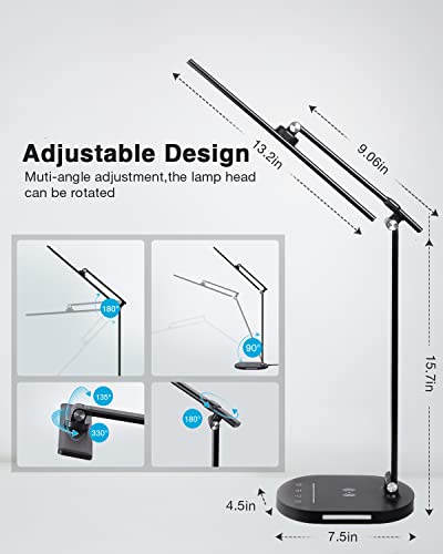 hukunos LED Desk Lamp with Wireless Charger & USB Charging Port, Architect Desk Lamps for Home Office, Bedside Table Lamp with Night Light for Work Study Reading Adjustable