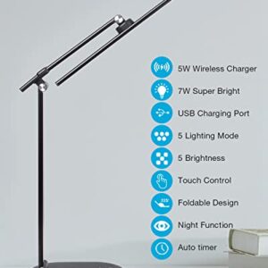 hukunos LED Desk Lamp with Wireless Charger & USB Charging Port, Architect Desk Lamps for Home Office, Bedside Table Lamp with Night Light for Work Study Reading Adjustable