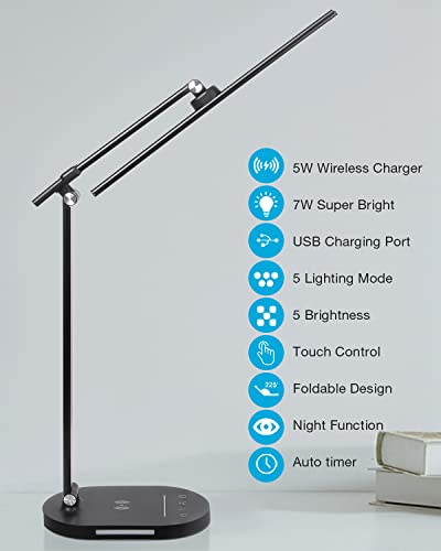 hukunos LED Desk Lamp with Wireless Charger & USB Charging Port, Architect Desk Lamps for Home Office, Bedside Table Lamp with Night Light for Work Study Reading Adjustable