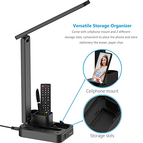 Drevet LED Desk Lamp with Pen Holder, Study Table Light with USB Charging Port, 3 Lighting Modes, 3 Level Brightness,1H Timer, Touch Control, Eye-Caring Lamp, Dorm Room Essential for College Students