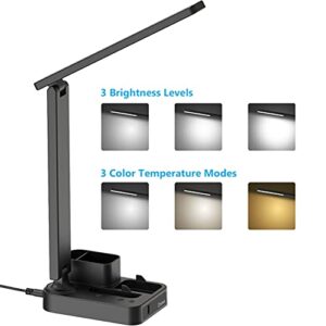 Drevet LED Desk Lamp with Pen Holder, Study Table Light with USB Charging Port, 3 Lighting Modes, 3 Level Brightness,1H Timer, Touch Control, Eye-Caring Lamp, Dorm Room Essential for College Students