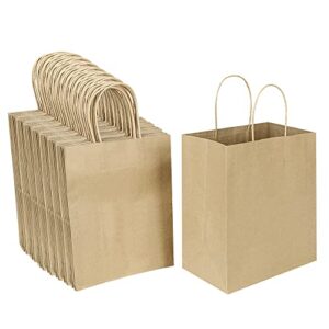 oikss 100 pack 8×4.75×10 inch medium plain natural paper bags with handles bulk, kraft bags for birthday party favors grocery retail shopping business goody craft gift bags sacks (brown 100 pcs count)