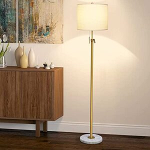modern floor lamp for living room, adjustable height standing lamp with marble base, 3-way dimmable gold tall pole light with white linen shade for reading bedroom, pull chain switch, bulb included