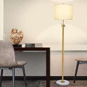 Modern Floor Lamp for Living Room, Adjustable Height Standing Lamp with Marble Base, 3-Way Dimmable Gold Tall Pole Light with White Linen Shade for Reading Bedroom, Pull Chain Switch, Bulb Included