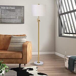 Modern Floor Lamp for Living Room, Adjustable Height Standing Lamp with Marble Base, 3-Way Dimmable Gold Tall Pole Light with White Linen Shade for Reading Bedroom, Pull Chain Switch, Bulb Included