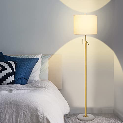 Modern Floor Lamp for Living Room, Adjustable Height Standing Lamp with Marble Base, 3-Way Dimmable Gold Tall Pole Light with White Linen Shade for Reading Bedroom, Pull Chain Switch, Bulb Included