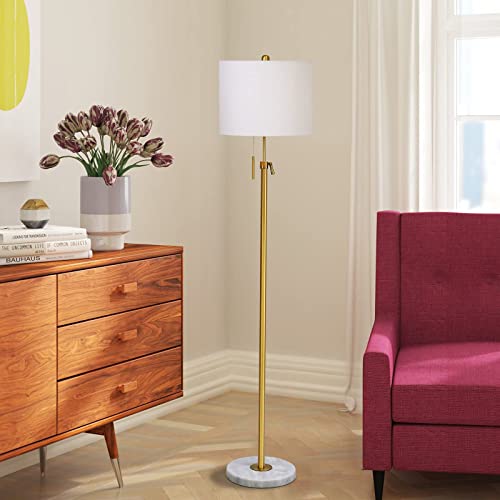 Modern Floor Lamp for Living Room, Adjustable Height Standing Lamp with Marble Base, 3-Way Dimmable Gold Tall Pole Light with White Linen Shade for Reading Bedroom, Pull Chain Switch, Bulb Included