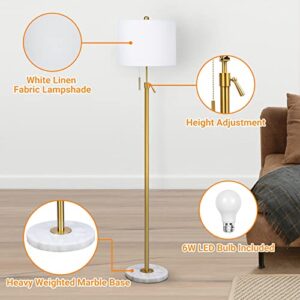 Modern Floor Lamp for Living Room, Adjustable Height Standing Lamp with Marble Base, 3-Way Dimmable Gold Tall Pole Light with White Linen Shade for Reading Bedroom, Pull Chain Switch, Bulb Included