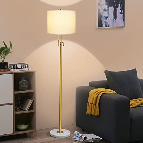 Modern Floor Lamp for Living Room, Adjustable Height Standing Lamp with Marble Base, 3-Way Dimmable Gold Tall Pole Light with White Linen Shade for Reading Bedroom, Pull Chain Switch, Bulb Included