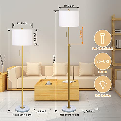 Modern Floor Lamp for Living Room, Adjustable Height Standing Lamp with Marble Base, 3-Way Dimmable Gold Tall Pole Light with White Linen Shade for Reading Bedroom, Pull Chain Switch, Bulb Included