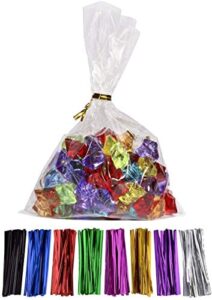 100 pcs 10 in x 6 in(1.4mil.) clear flat cello cellophane treat bags good for bakery, cookies, candies,dessert with 1 random twist ties!