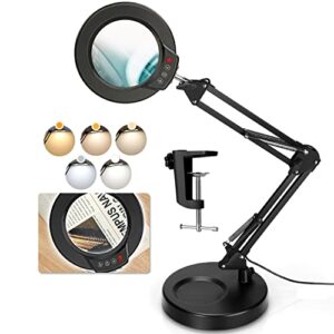 10x magnifying glass with light and stand, upgrade button 5 color modes dimmable lighting, krstlv 2-in-1 led lighted magnifier, hands free desk lamp with clamp for soldering craft hobby close work