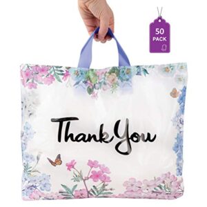 Purple Q Crafts Thank You Bags for Business 50 Pack 15" W x 12" H Floral Plastic Shopping Bags With Soft Loop Handle Thank You Shopping Bags