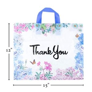 Purple Q Crafts Thank You Bags for Business 50 Pack 15" W x 12" H Floral Plastic Shopping Bags With Soft Loop Handle Thank You Shopping Bags