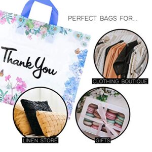 Purple Q Crafts Thank You Bags for Business 50 Pack 15" W x 12" H Floral Plastic Shopping Bags With Soft Loop Handle Thank You Shopping Bags