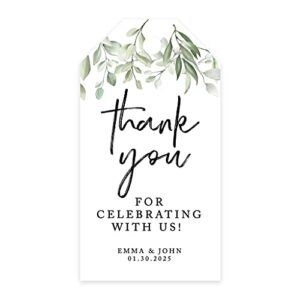 andaz press 100-pack personalized thank you for celebrating with us wedding favor tags with bakers twine greenery leaves custom cardstock wedding gift tags for wedding party favors 2 x 3.75-inches